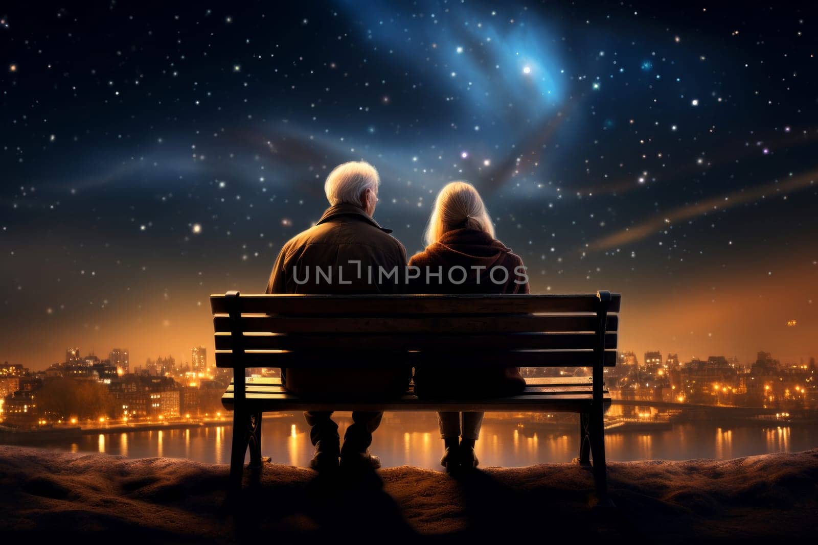 Grandparents sitting on bench. Night stars sky. Generate Ai