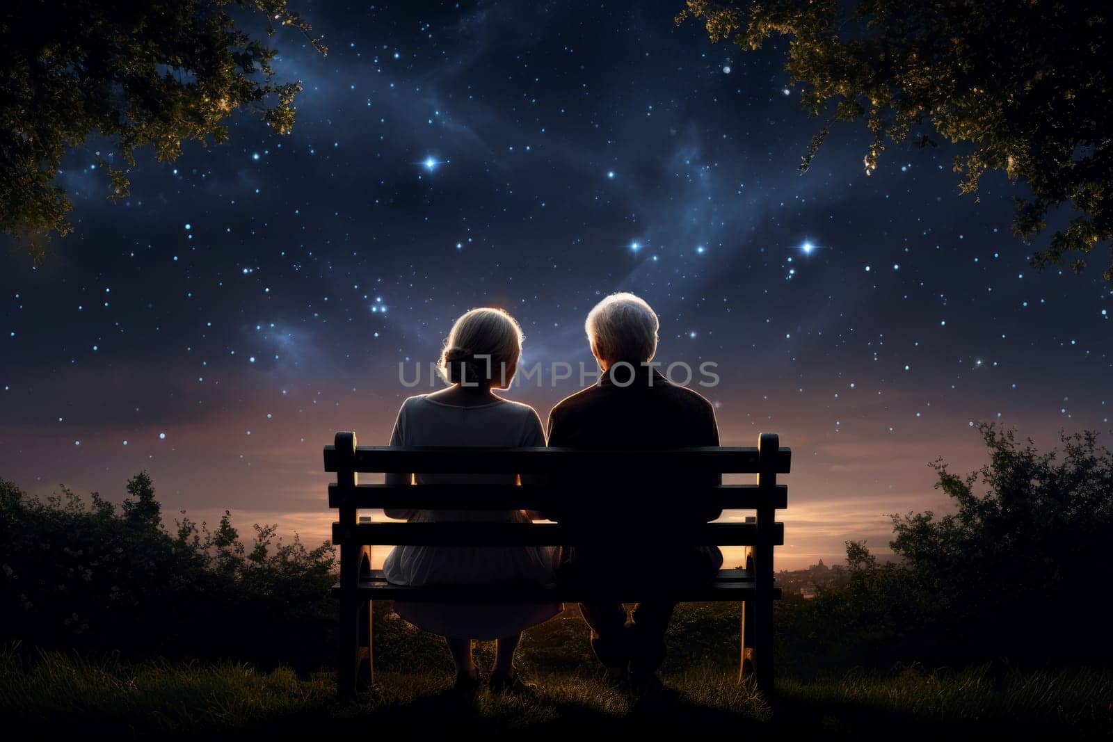 Grandparents sitting on bench. Night stars sky. Generate Ai