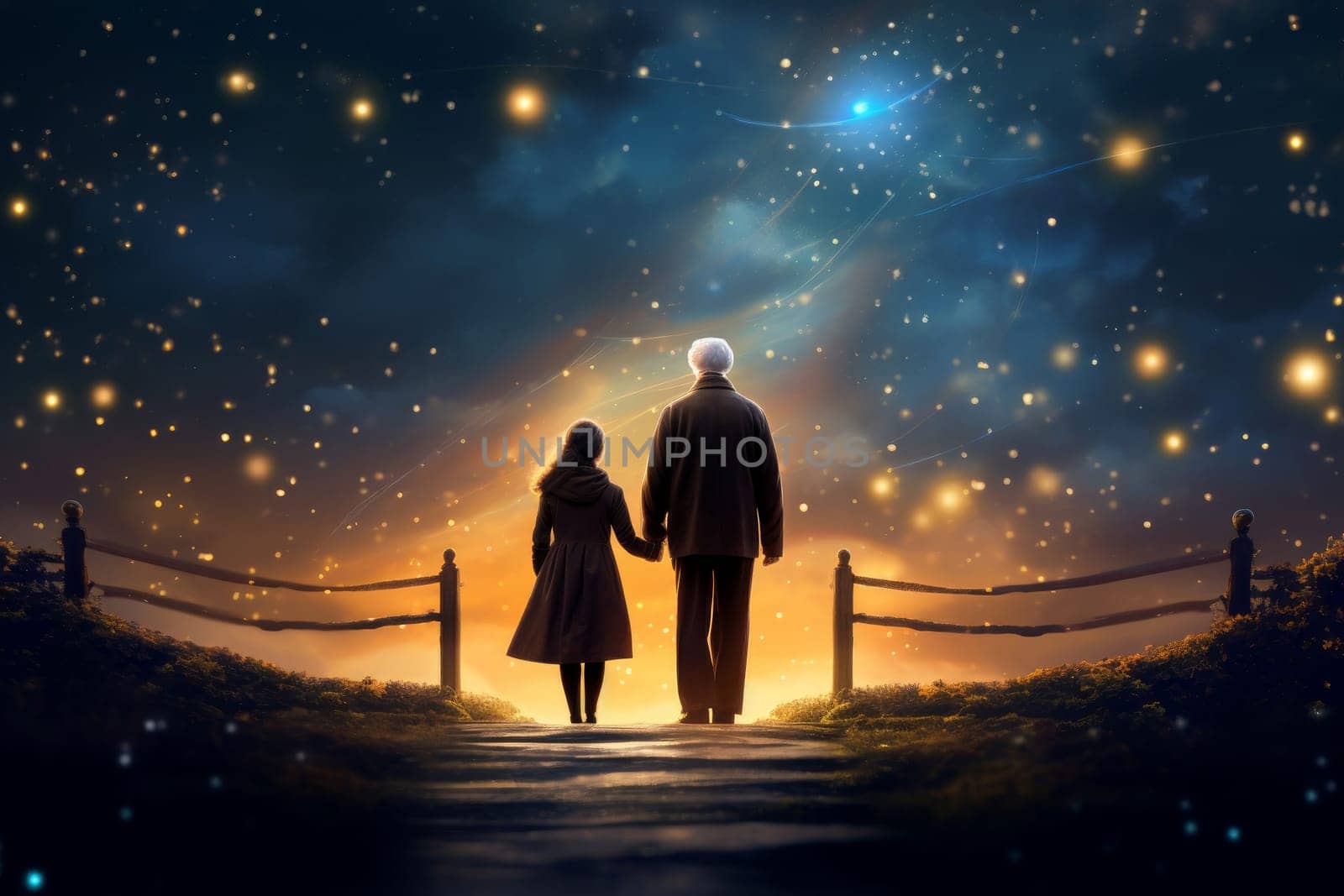 Grandparents sitting on bench. Night stars sky. Generate Ai