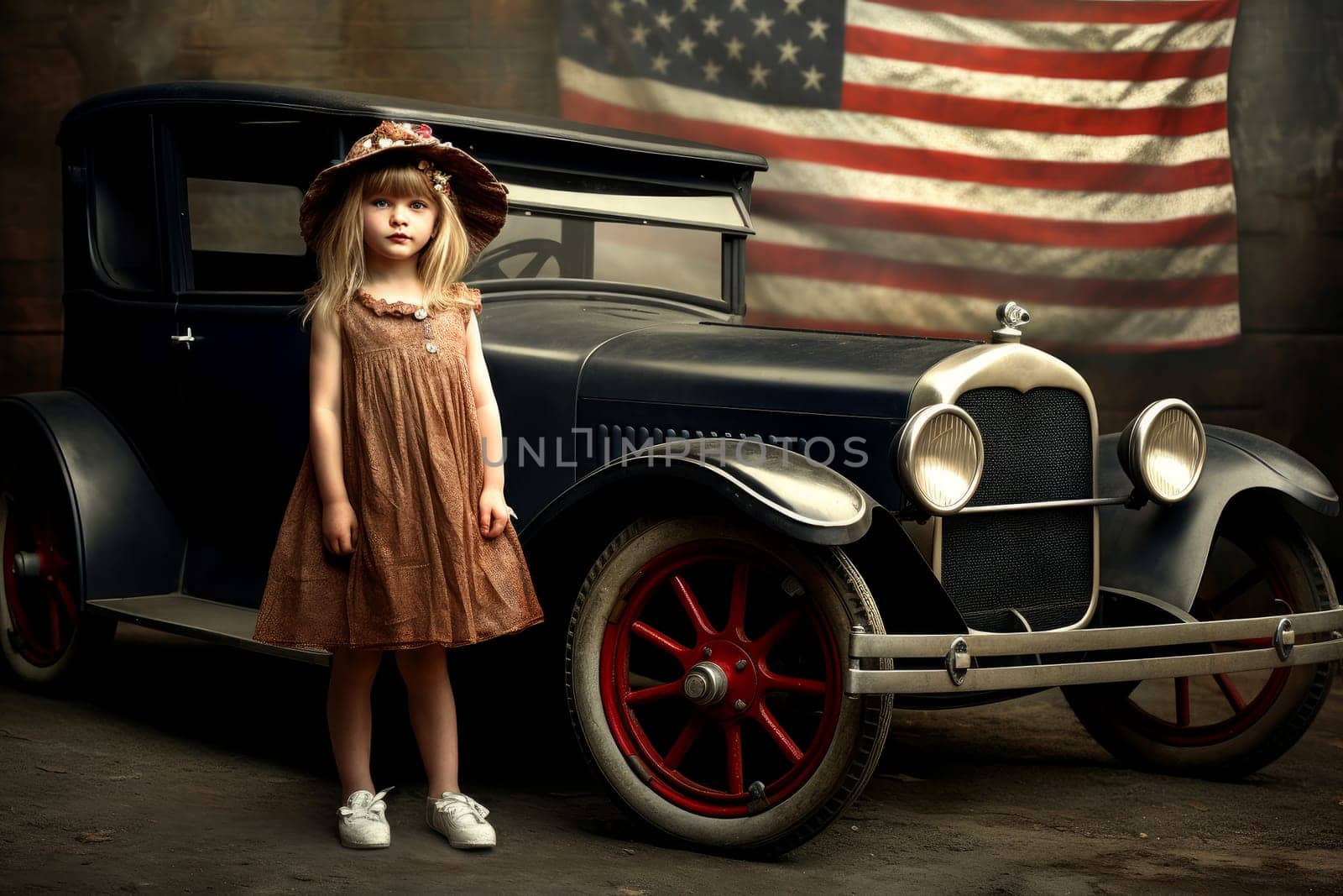 Adventurous American 1920 child girl. Old american car. Generate AI
