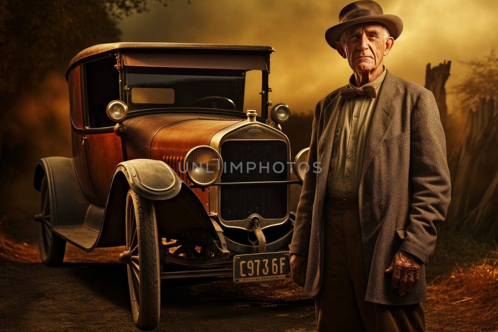 Nostalgic American man near vintage car. Generate Ai by ylivdesign