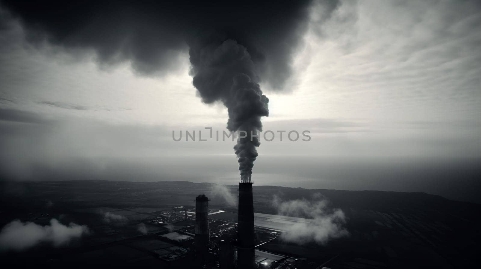 Pollution from industrial smokestacks under a stormy sky - Global warming concept - Generative AI