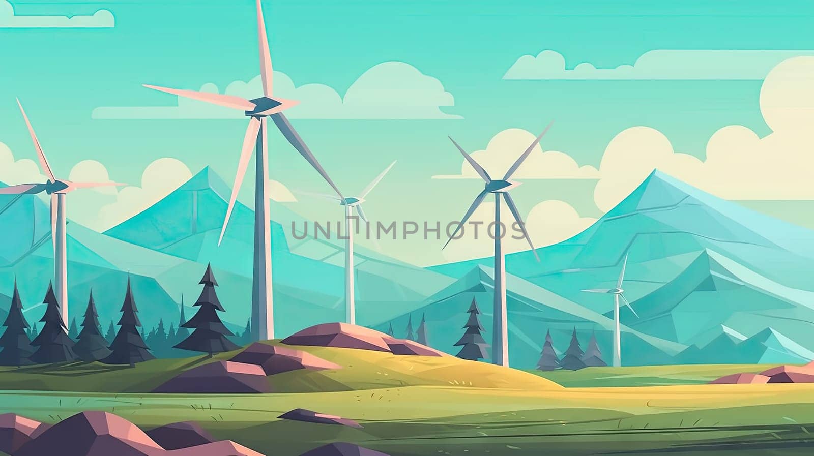 Artistic rendering of windmills amidst rolling hills and mountains - Generative AI