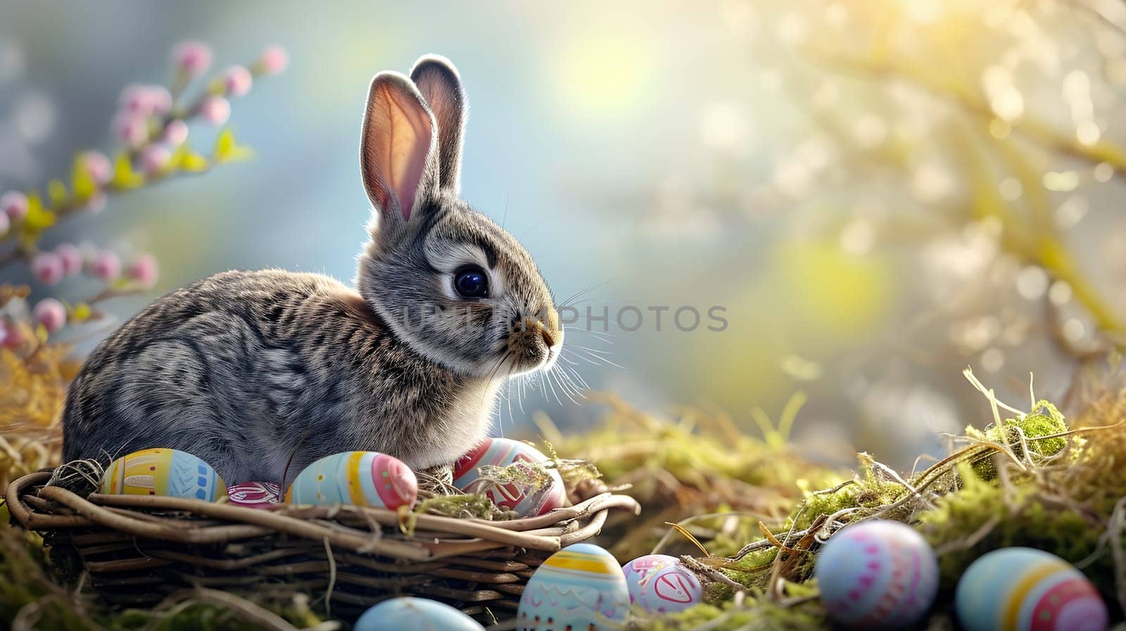 Easter Morning: Bunny in a wicker basket Amidst Spring Blooms - Generative AI