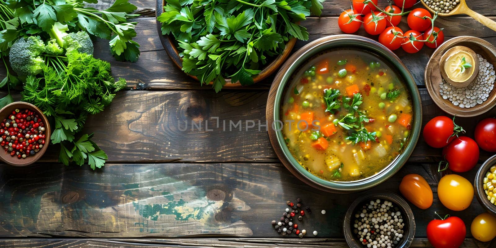 A dish of soup with a variety of vegetables and spices placed on a rustic wooden table, showcasing a colorful display of ingredients and flavors