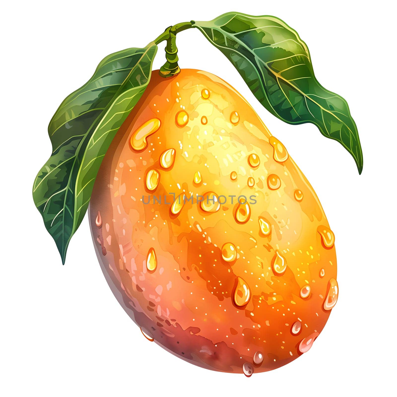 A seedless fruit, the mango is a natural food with water drops on its vibrant skin and green leaves, making it a refreshing ingredient in a variety of dishes