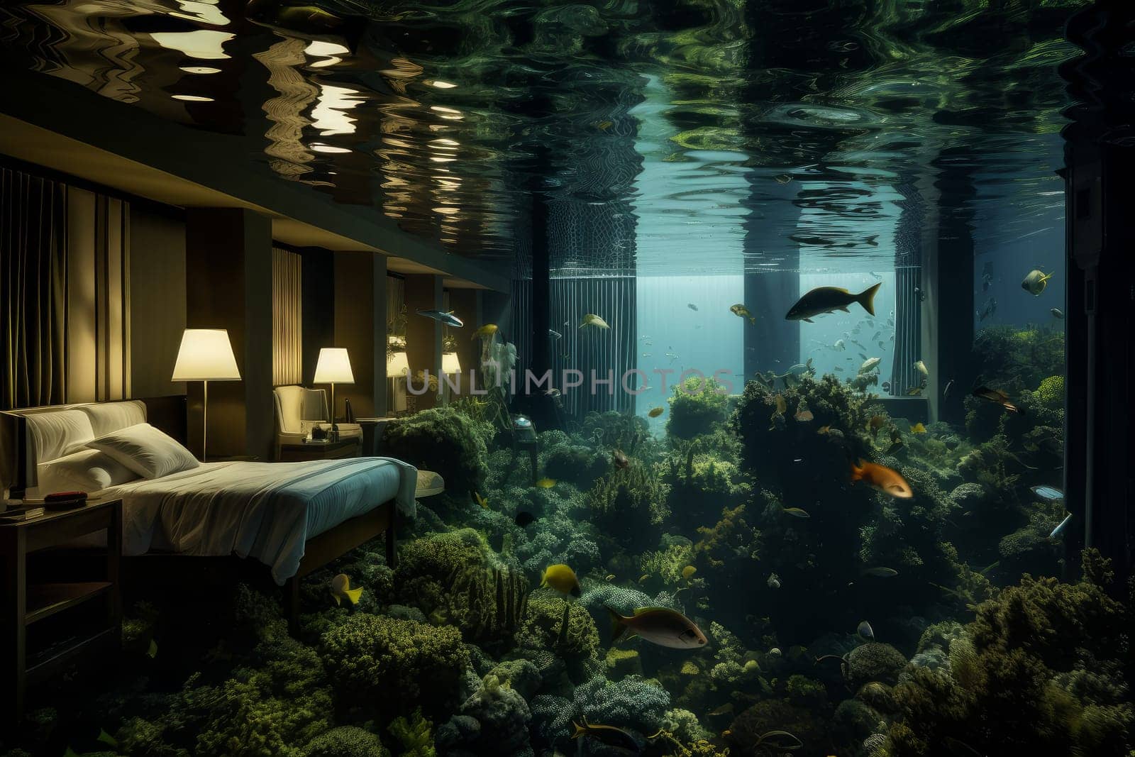Tranquil Hotel under water building. Generate Ai by ylivdesign
