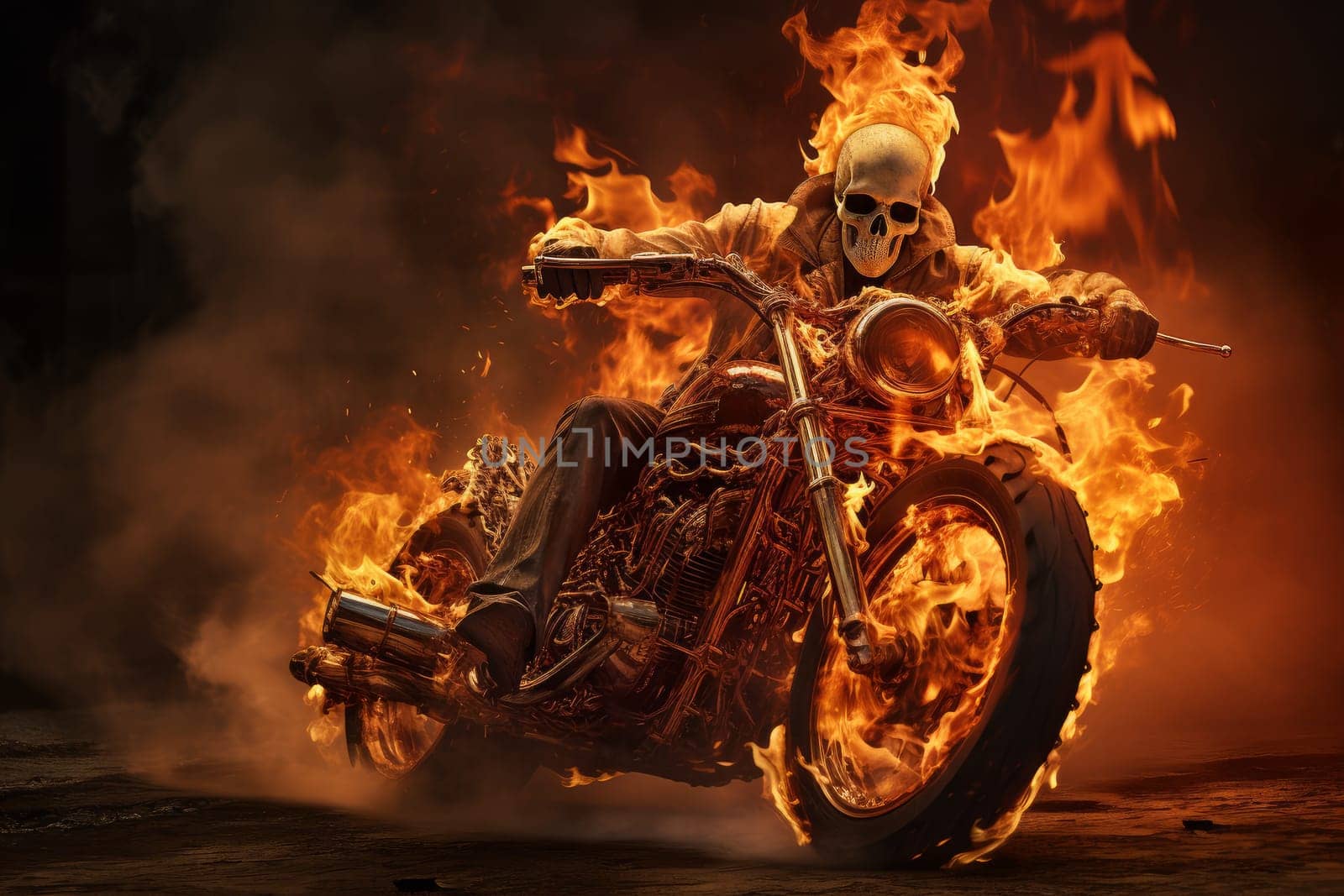 Spectral Human skeleton riding on fire motorbike. Speed race. Generate Ai