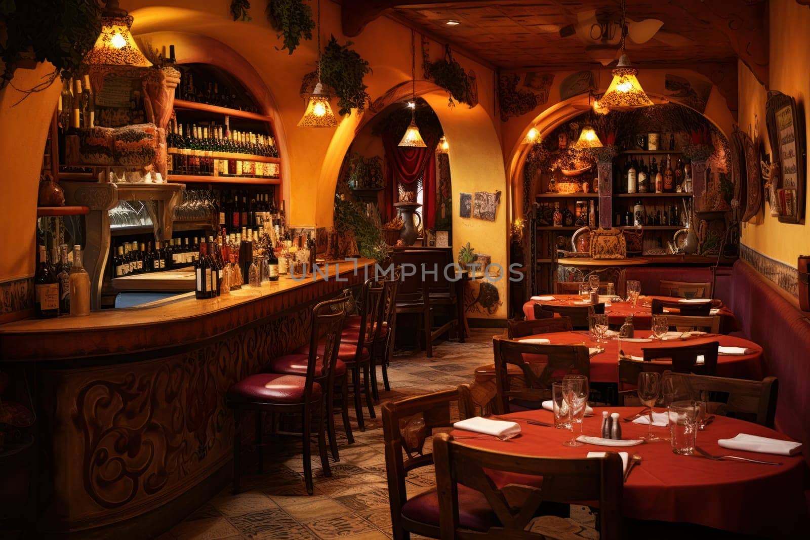 Rustic Italian restaurant interior. Table meal bar. Generate Ai