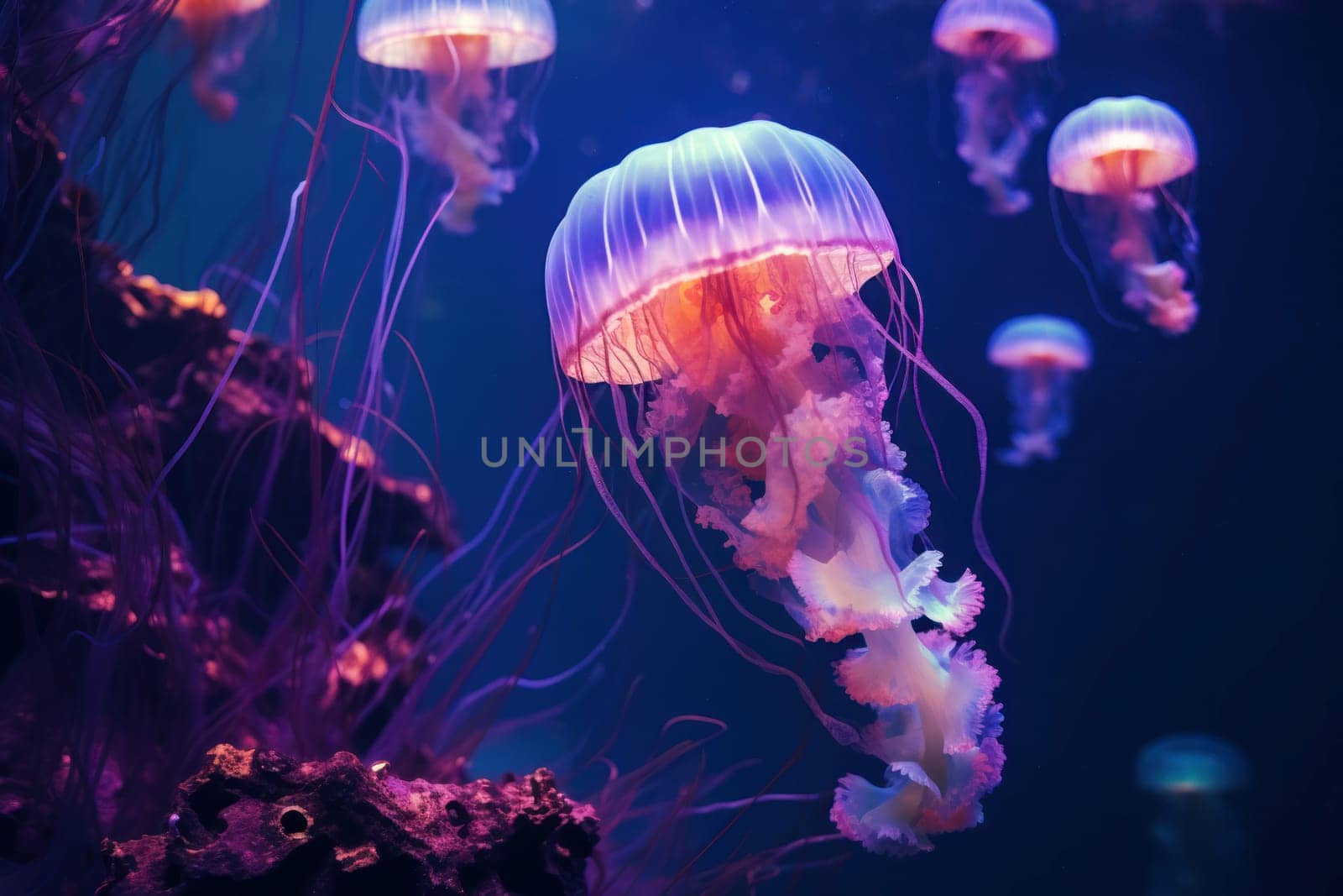 Radiant Jellyfish glowing pink underwater color. Generate AI by ylivdesign
