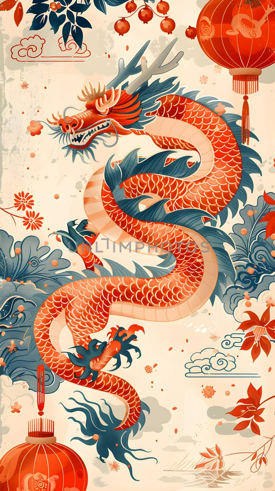 A textile painting depicting a dragon surrounded by lanterns and flowers, showcasing intricate patterns in electric blue. A creative artwork combining terrestrial animals and nature elements