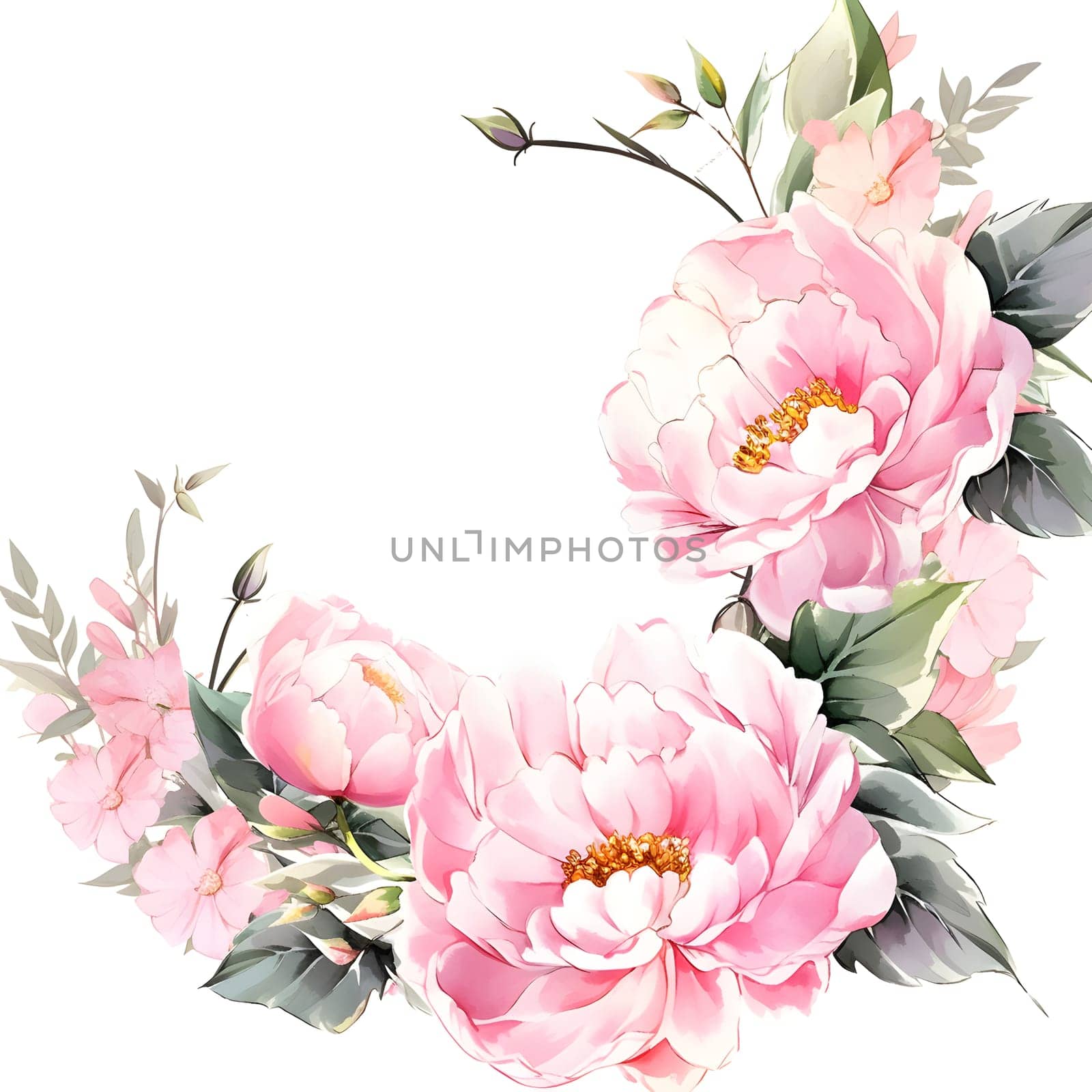 A creative arts piece featuring a wreath of pink petals and green leaves on a white background, resembling a painting in flower arranging with artificial flowers