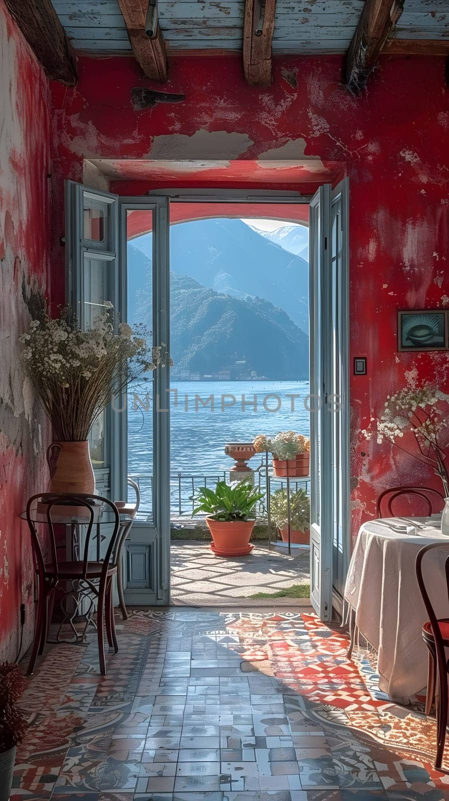 A wooden building with an arch door opens up to a breathtaking view of a serene lake and majestic mountains. The facade is adorned with plants, creating a tranquil and picturesque setting