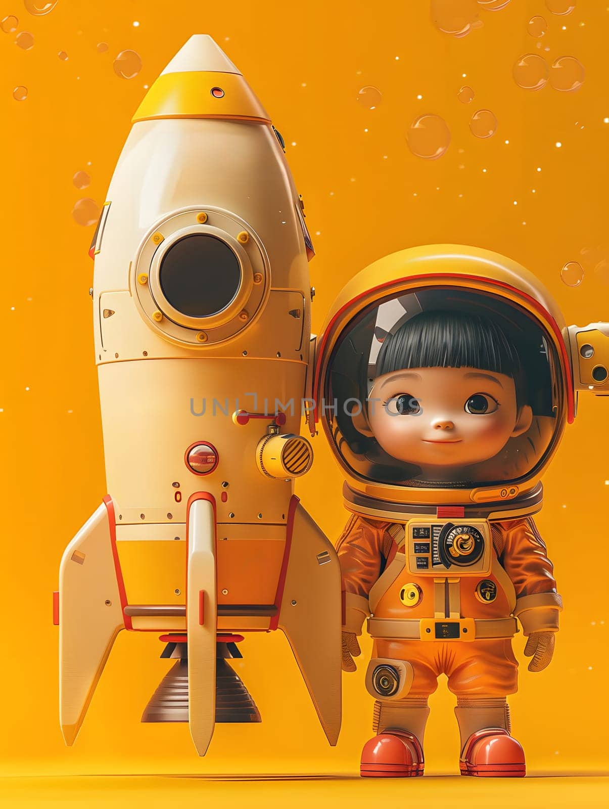 A little girl in a space suit stands next to a rocket, a toy machine in plastic by Nadtochiy