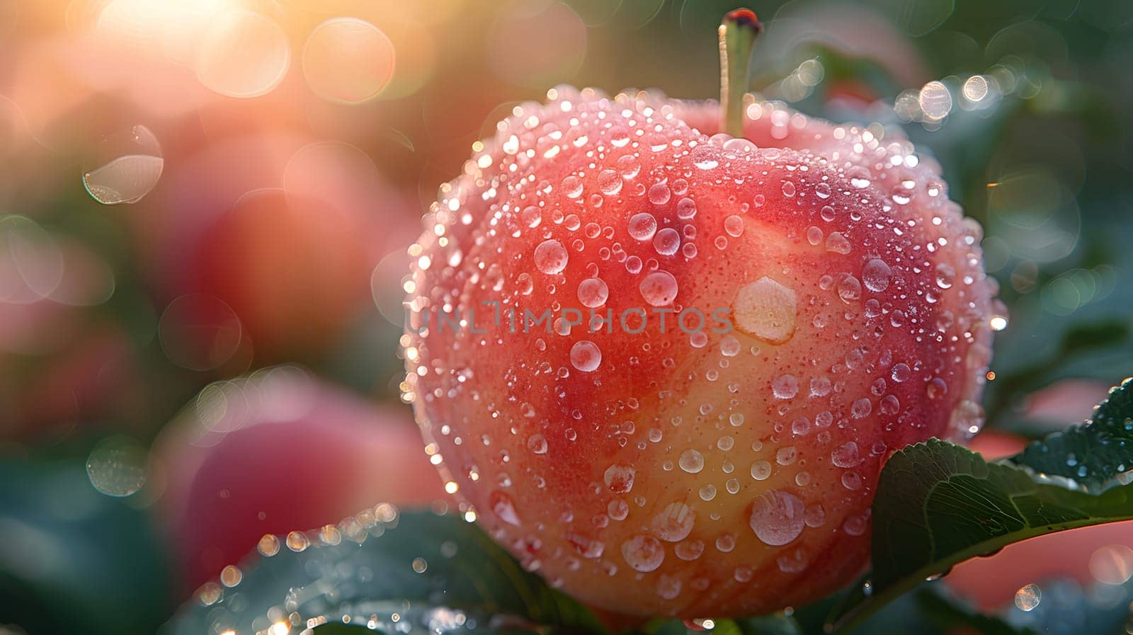 A close up of a watercovered apple, a seedless fruit from a tree, a terrestrial plant, and natural food ingredient. A delicious and refreshing fruit rich in nutrients