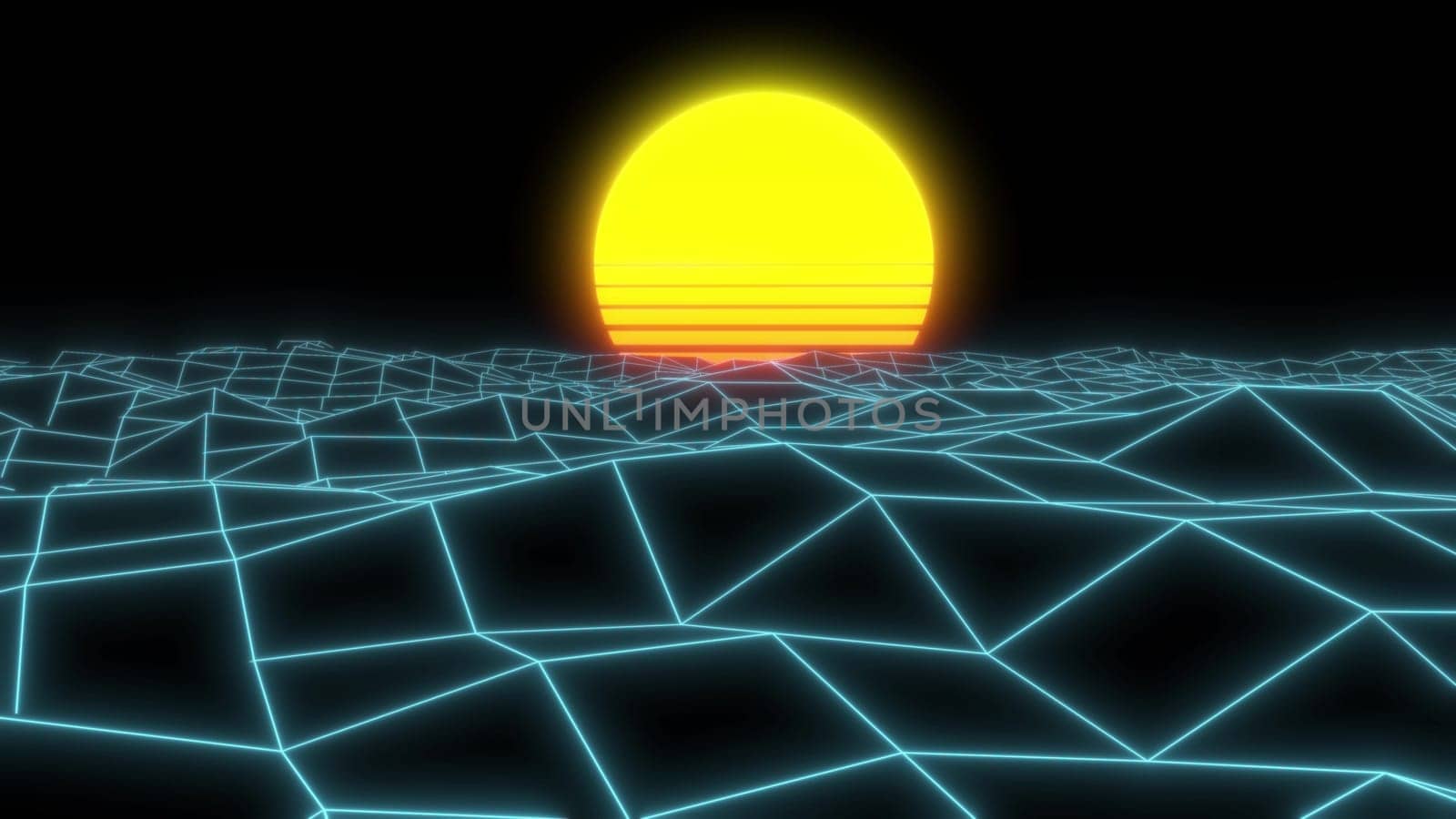 Neon cyber background grid sun 80 3d render by Zozulinskyi