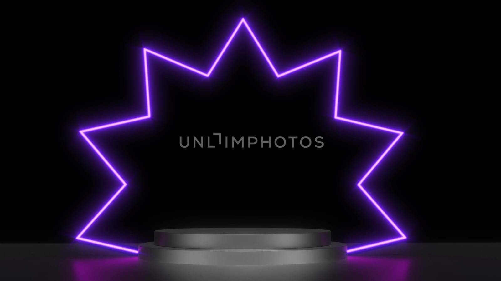 Black podium neon star change color 3d render