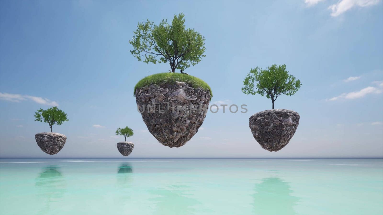 Floating islands whit three over the ocean sunny weather 3d render