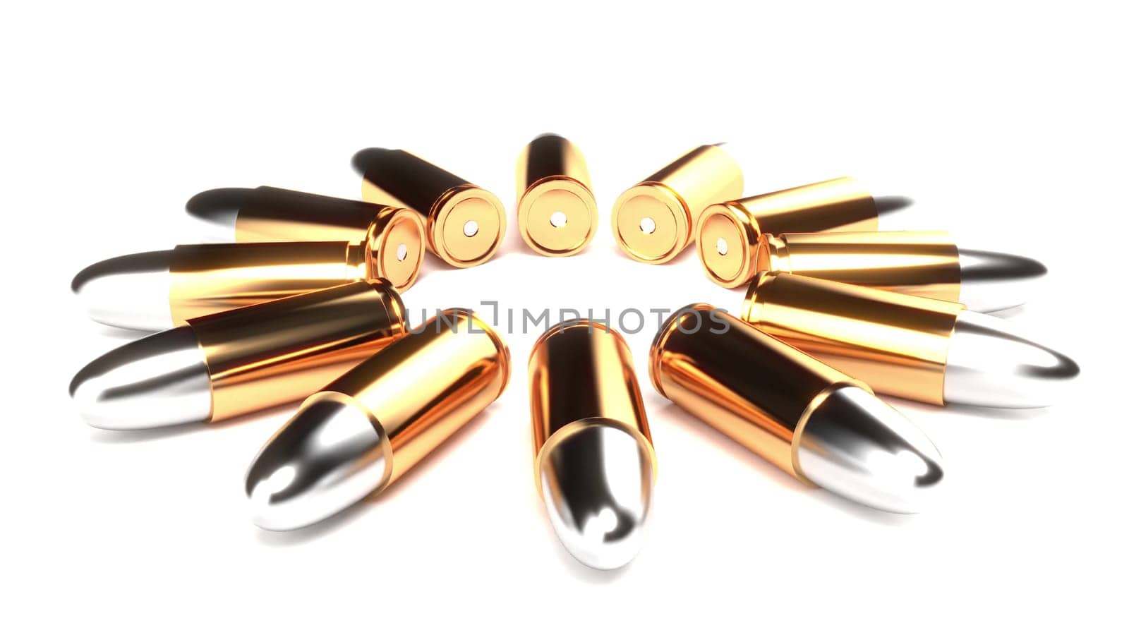 Bullets round move on circle on white surface 3d render