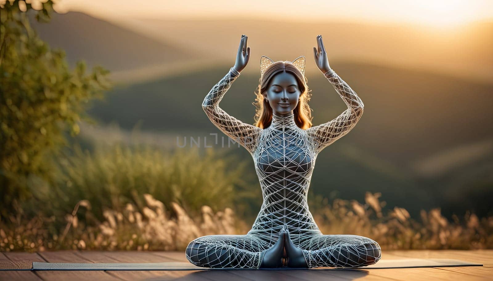 Woman in yoga pose, bent wire figure on nature backdrop, Creative figures symbol of yoga and harmony, art and serenity intersection. Female fitness yoga routine concept. Healthy lifestyle. by panophotograph