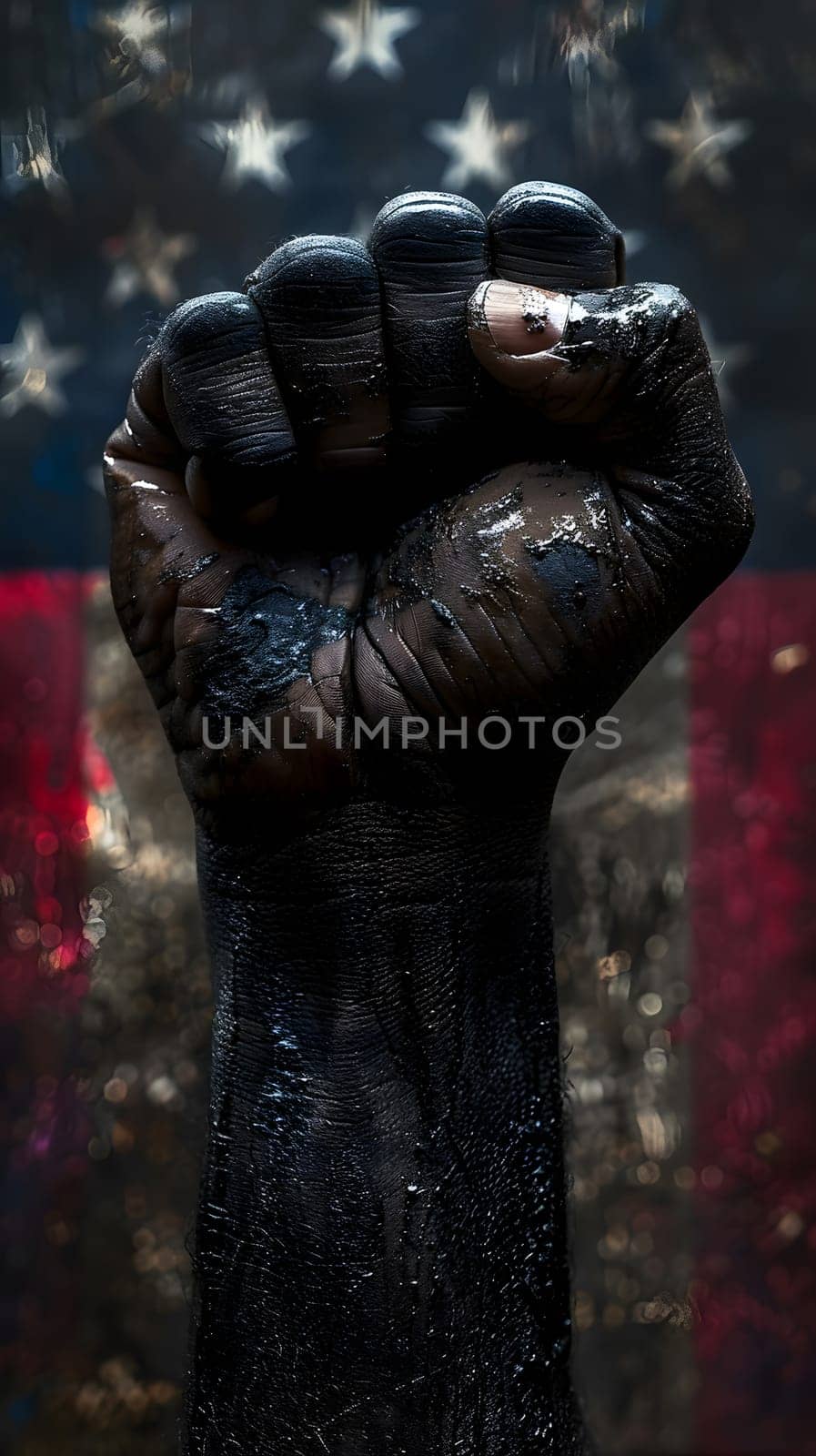 A sculpture of a black primate fist stands in front of an American flag, symbolizing unity and power amidst darkness. The metal artwork showcases the strength of terrestrial animals in the wildlife