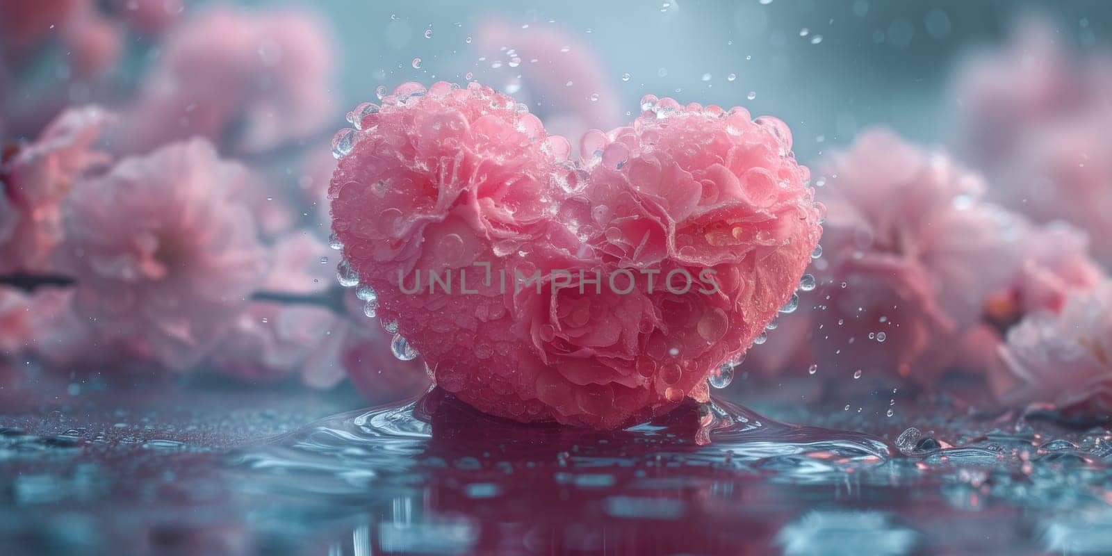 3D heart with pink roses, against a background of clouds.