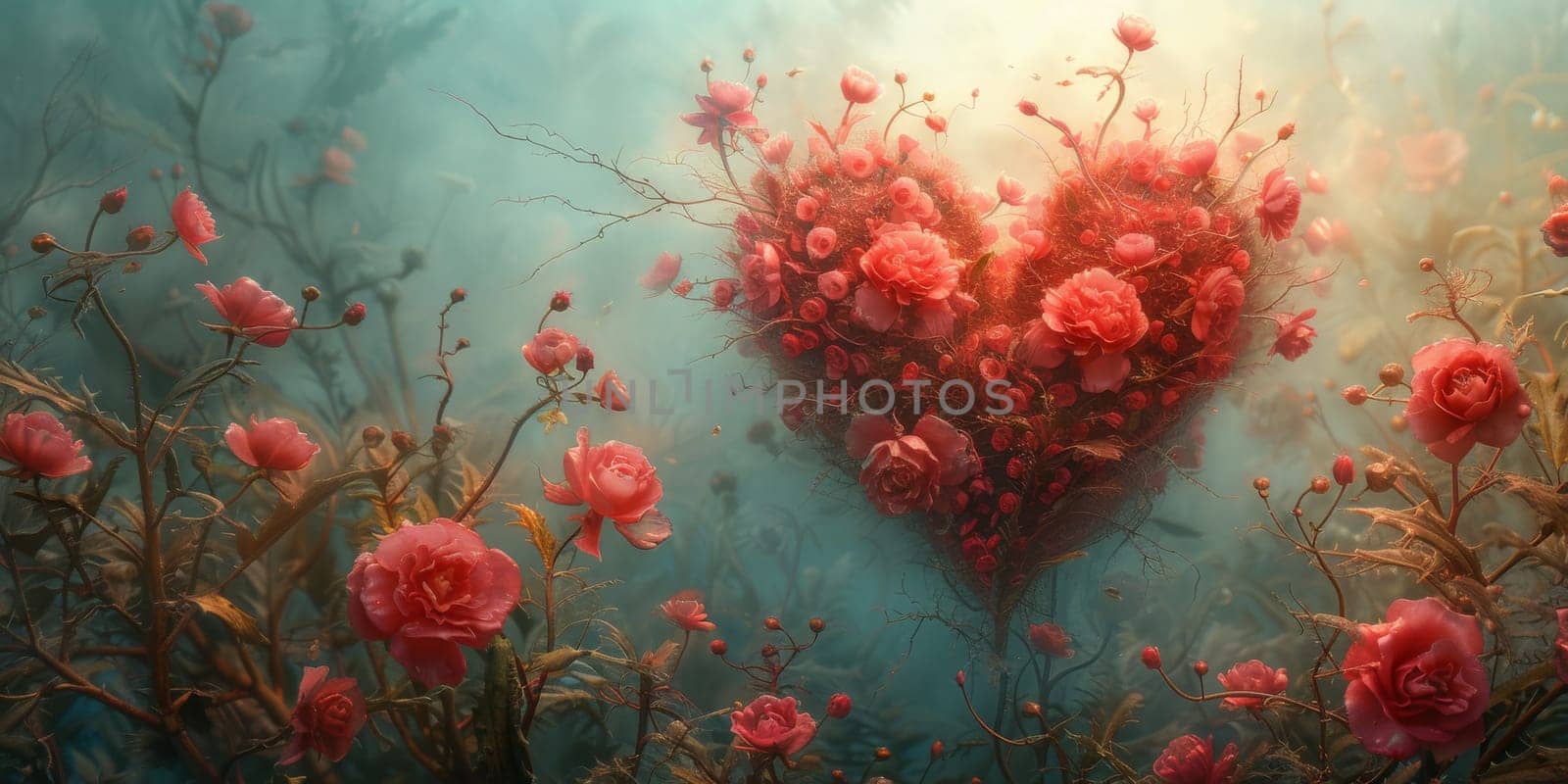 3D heart with pink roses, against a background of clouds.