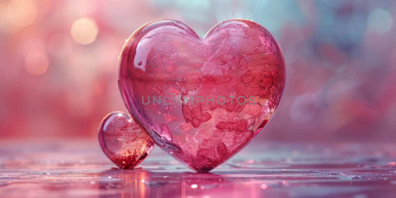 3D heart with pink roses, against a background of clouds.
