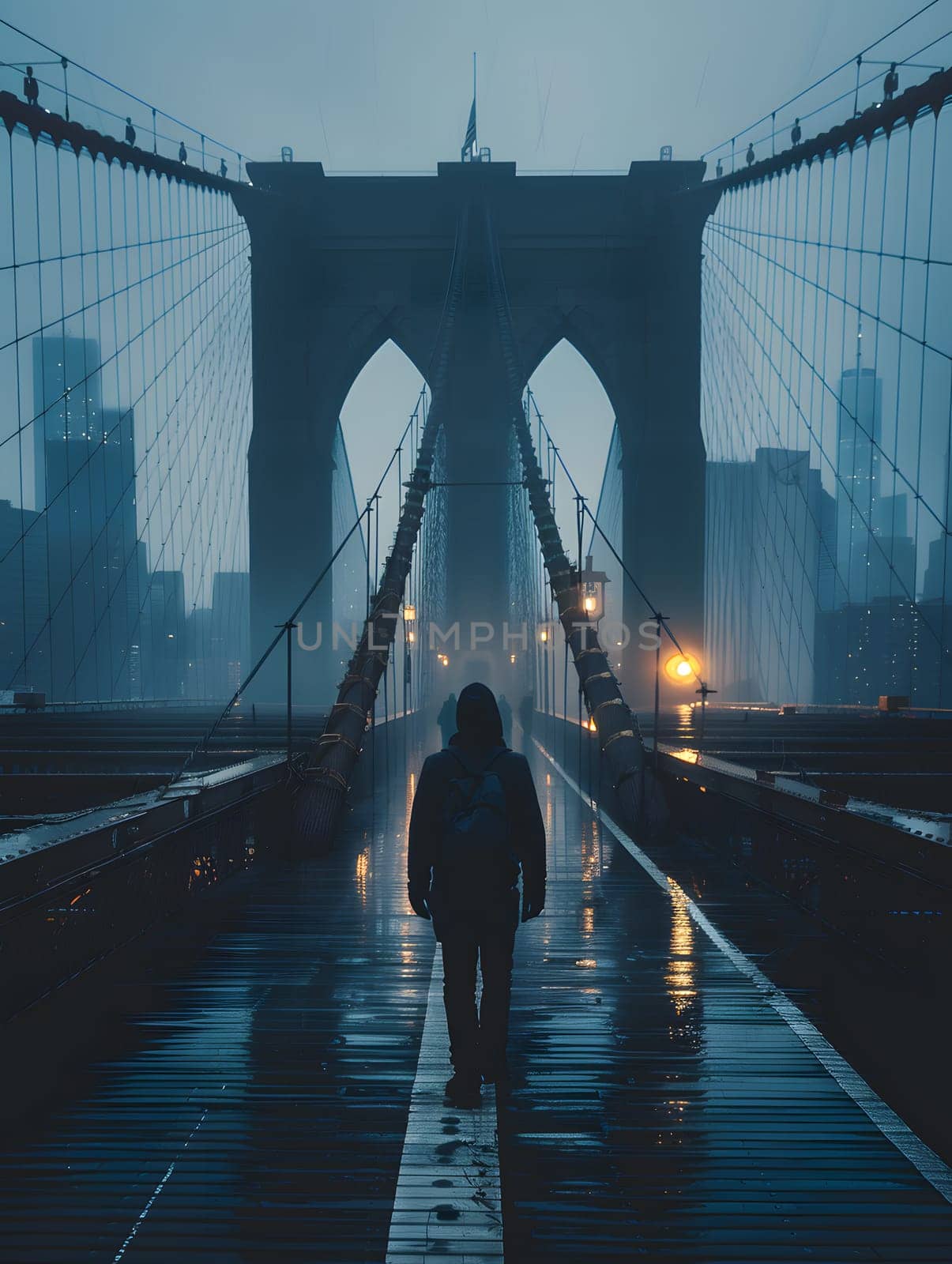 A man is crossing a symmetrical bridge over electric blue water in the rain, with the city skyline in the background