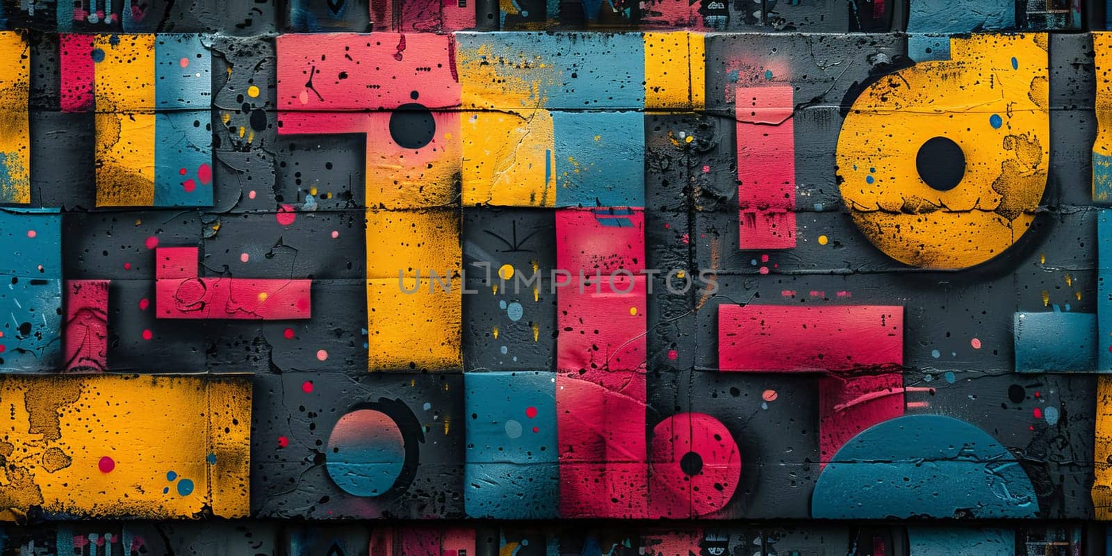 Colorful graffiti print. Seamless pattern with different text and graphic elements inspired by street art. Template for cards, covers and textile design. On black background by Benzoix