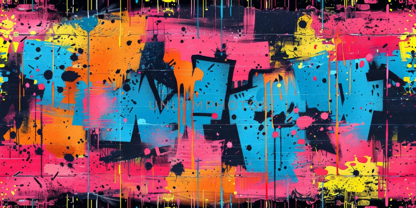 Colorful graffiti print. Seamless pattern with different text and graphic elements inspired by street art. Template for cards, covers and textile design. On black background by Benzoix