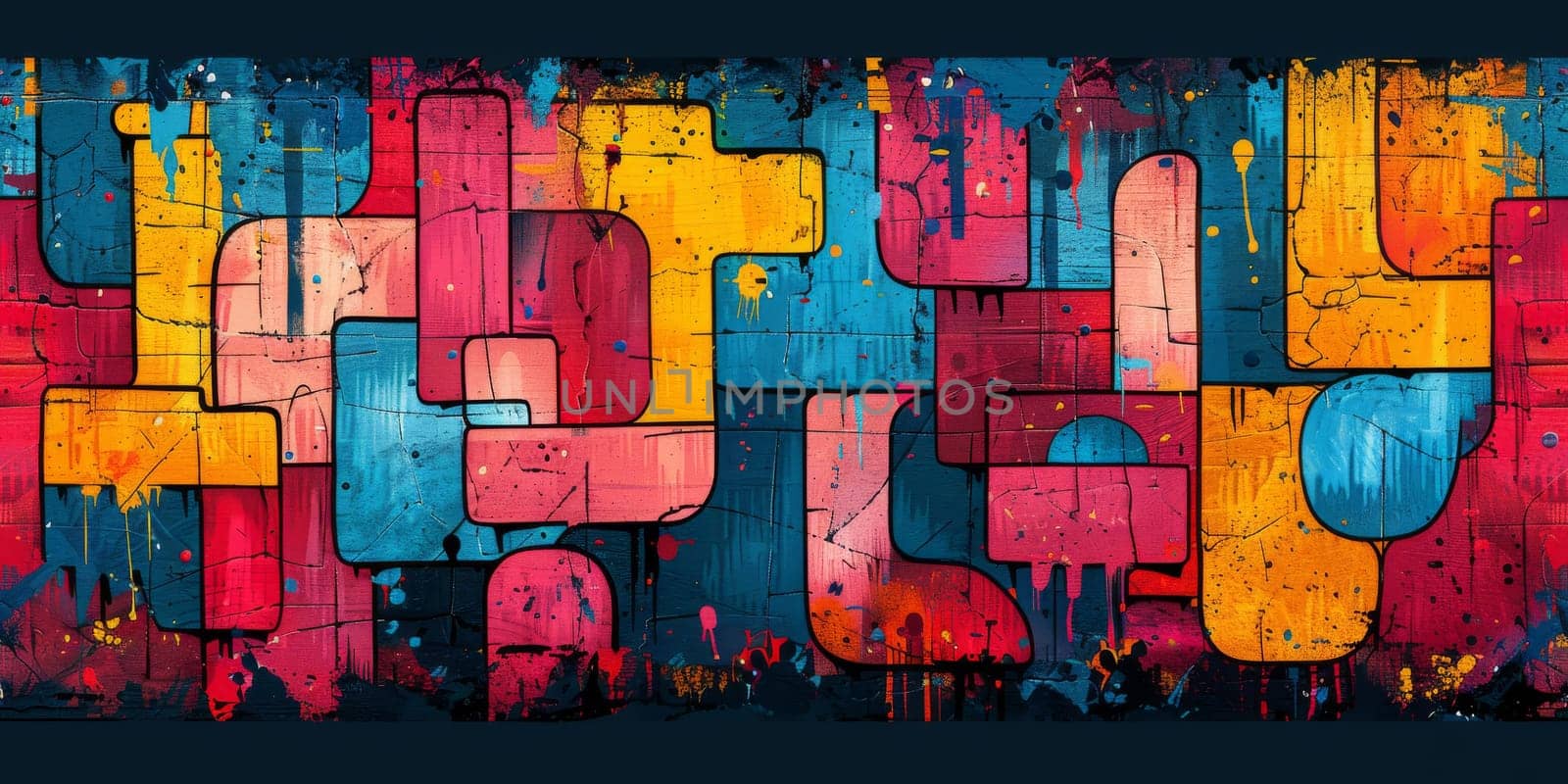 Colorful graffiti print. Seamless pattern with different text and graphic elements inspired by street art. Template for cards, covers and textile design. On black background.