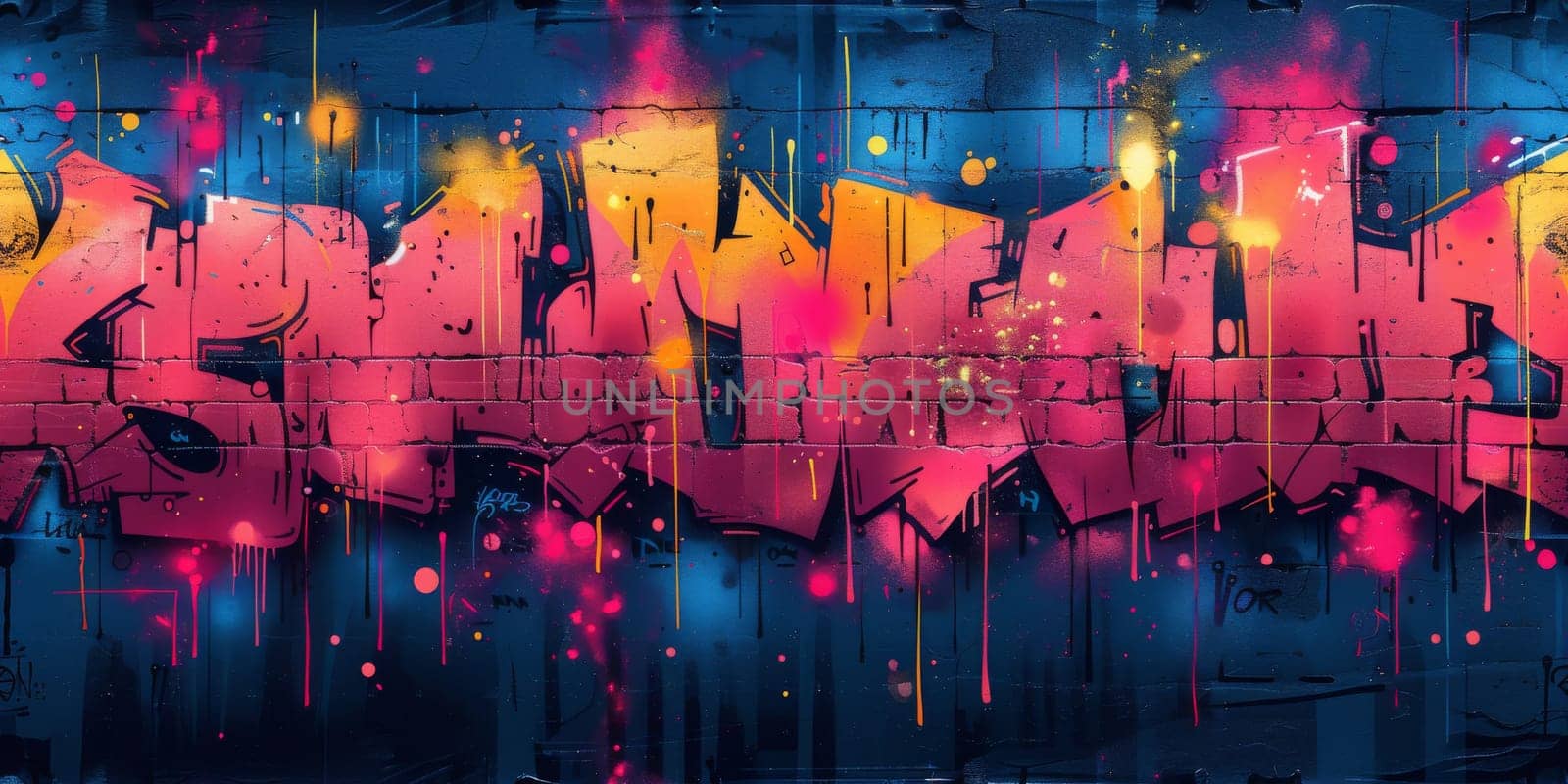 Colorful graffiti print. Seamless pattern with different text and graphic elements inspired by street art. Template for cards, covers and textile design. On black background by Benzoix