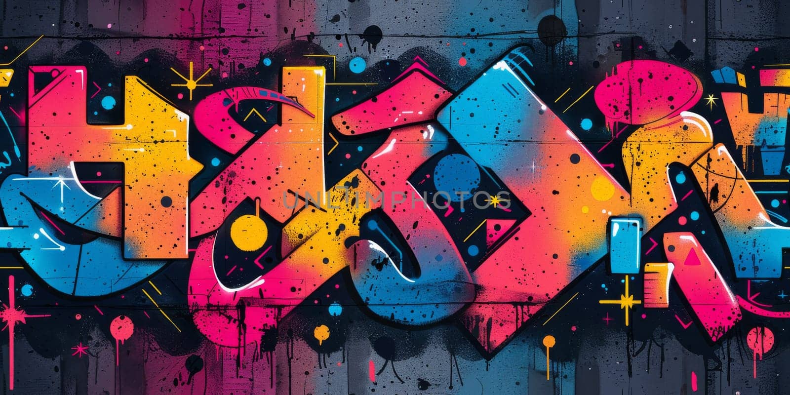 Colorful graffiti print. Seamless pattern with different text and graphic elements inspired by street art. Template for cards, covers and textile design. On black background by Benzoix