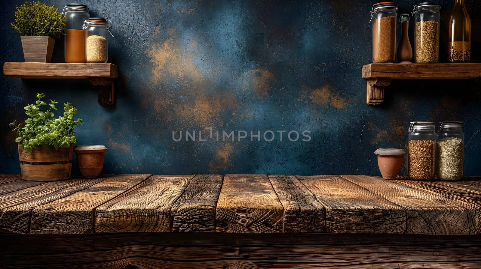 Empty wooden table for rustic background, vintage American style, montage-friendly, retro vibes, creative space, no text. Neural network generated image. Not based on any actual scene or pattern.