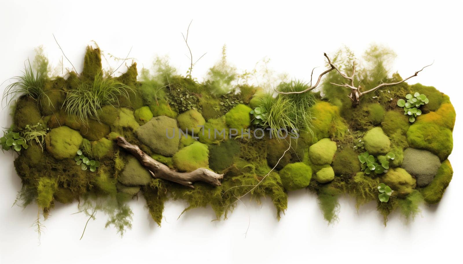 display of lush green Mosses showcasing various, isolated, white background. High quality photo