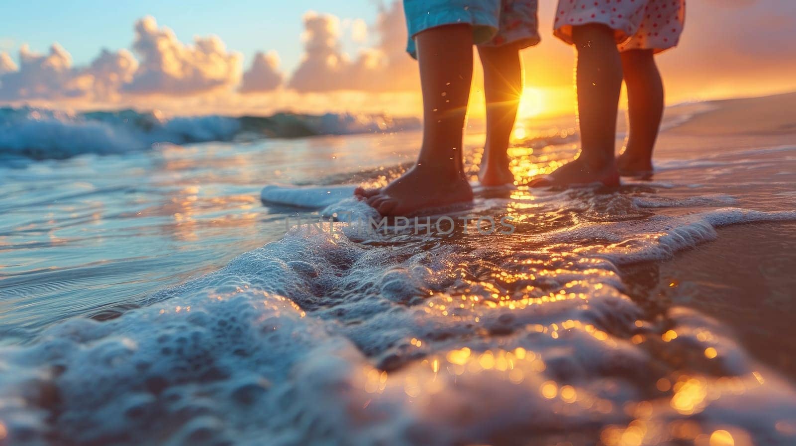 Close up of a kids feet lined up on a sunlit beach, family travel trip, family vacation by nijieimu