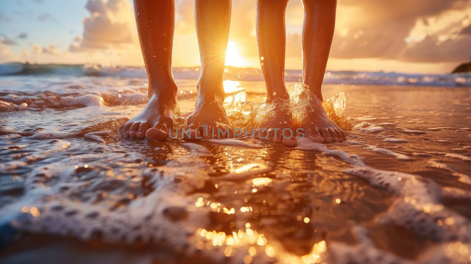 Close up of a kids feet lined up on a sunlit beach, family travel trip, family vacation by nijieimu