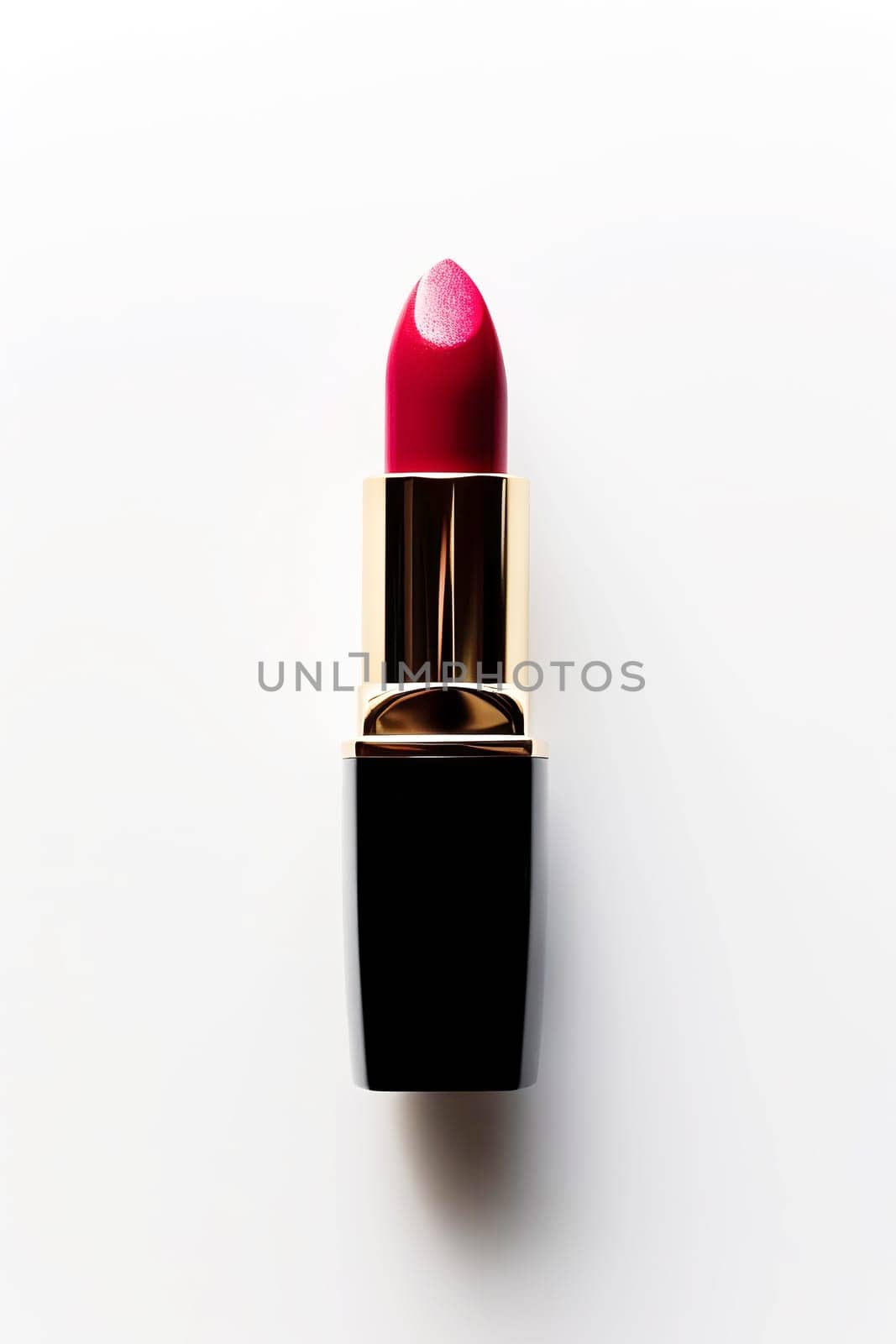 Tube of red lipstick close-up on a white background. Decorative cosmetics. AI generated.