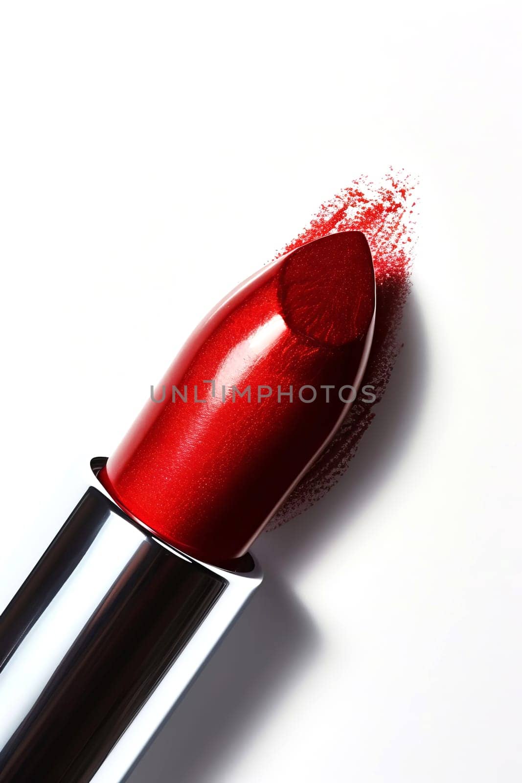 Tube of red lipstick close-up on a white background. AI generated. by OlgaGubskaya