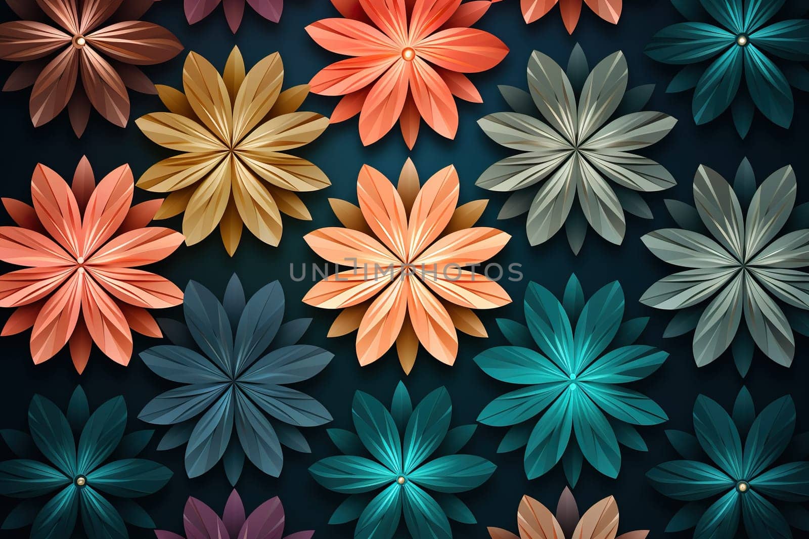 Dark background with repeating flowers. Generated by artificial intelligence by Vovmar