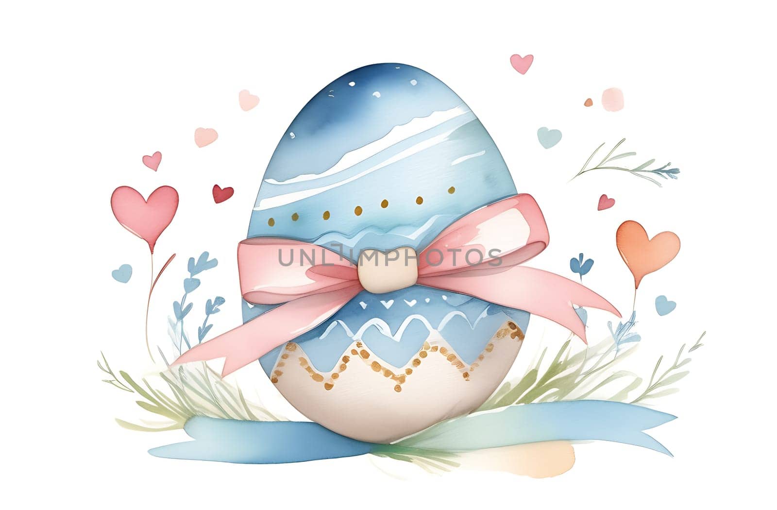One Easter egg tied with a pink bow in watercolor painting technique, isolated on a white background, pastel color scheme.