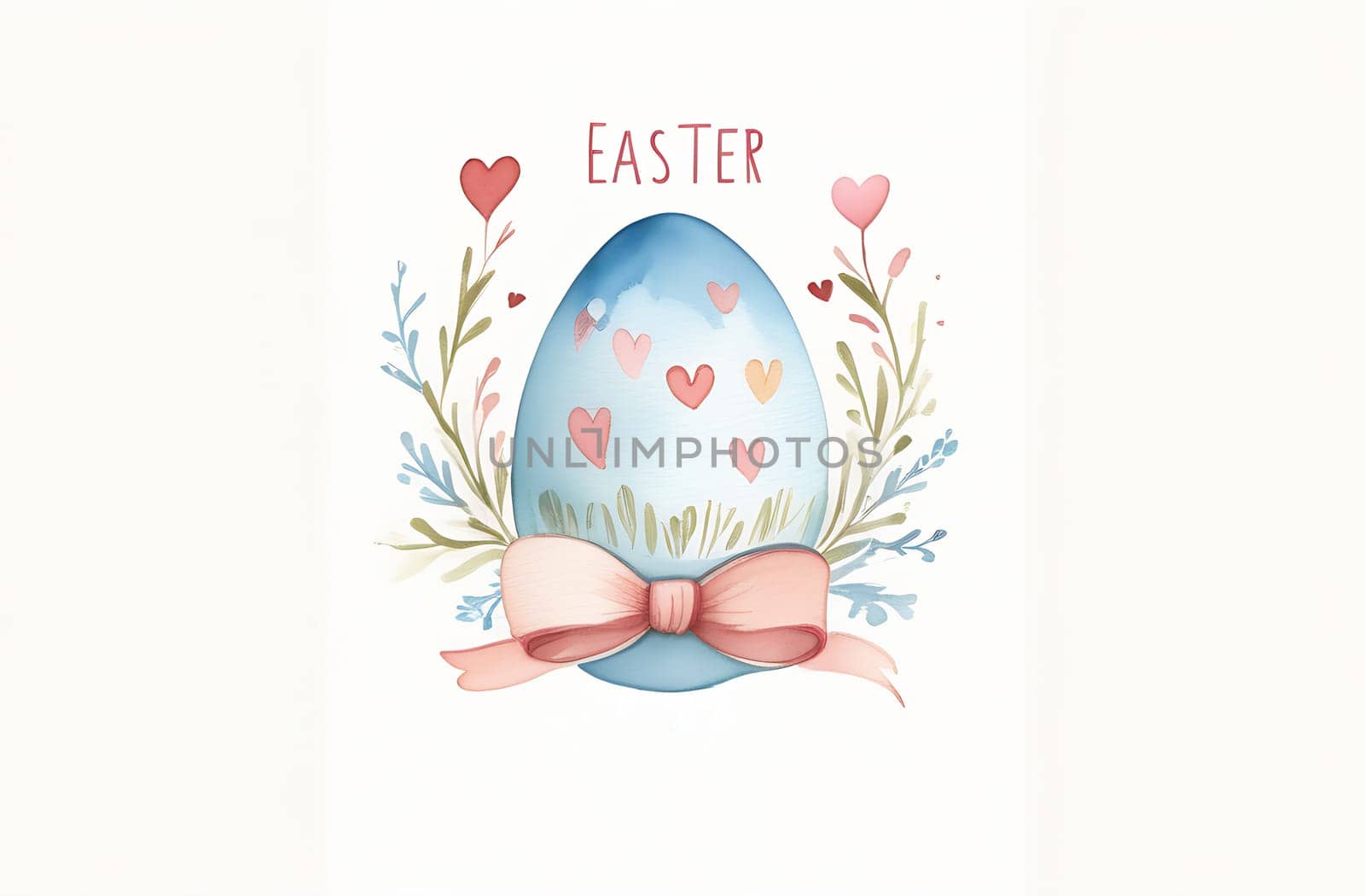 One Easter egg tied with a pink bow in watercolor painting technique, isolated on a white background, pastel color scheme.