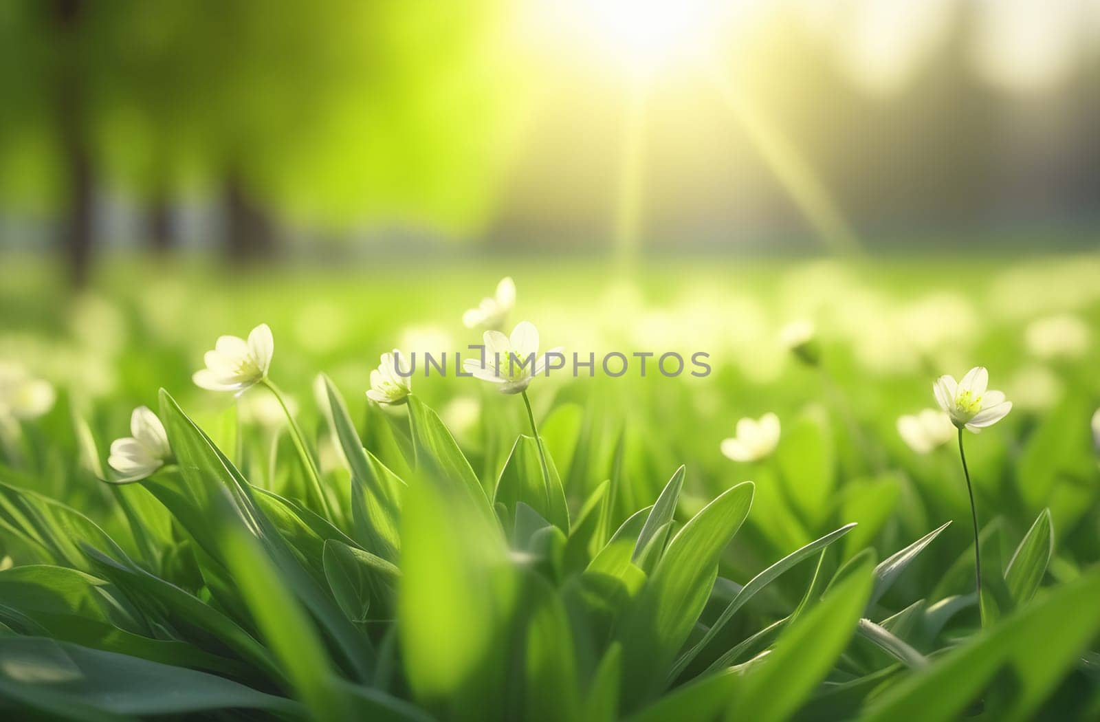 White meadow flowers on the panorama under the rays of the morning sun, Spring and summer nature in soft green and yellow light by claire_lucia