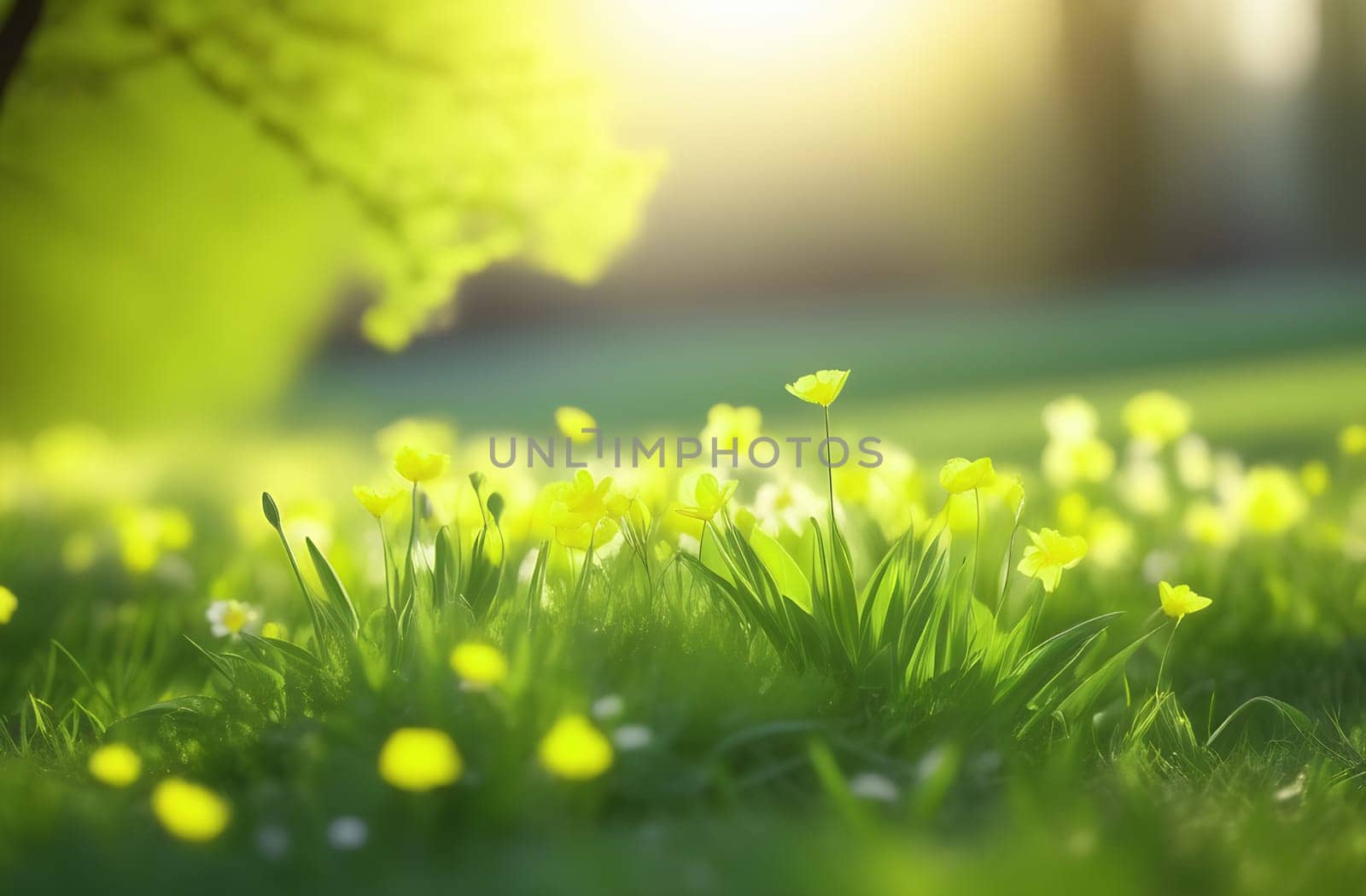 White meadow flowers on the panorama under the rays of the morning sun, Spring and summer nature in soft green and yellow light by claire_lucia