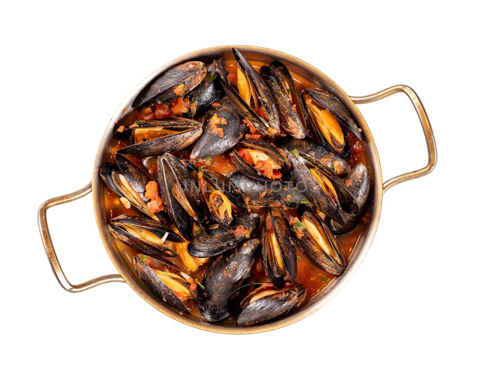 Delicious black mussels in red tomato sauce isolated on white. Mediterranean black mussels in metal pan on white transparent background