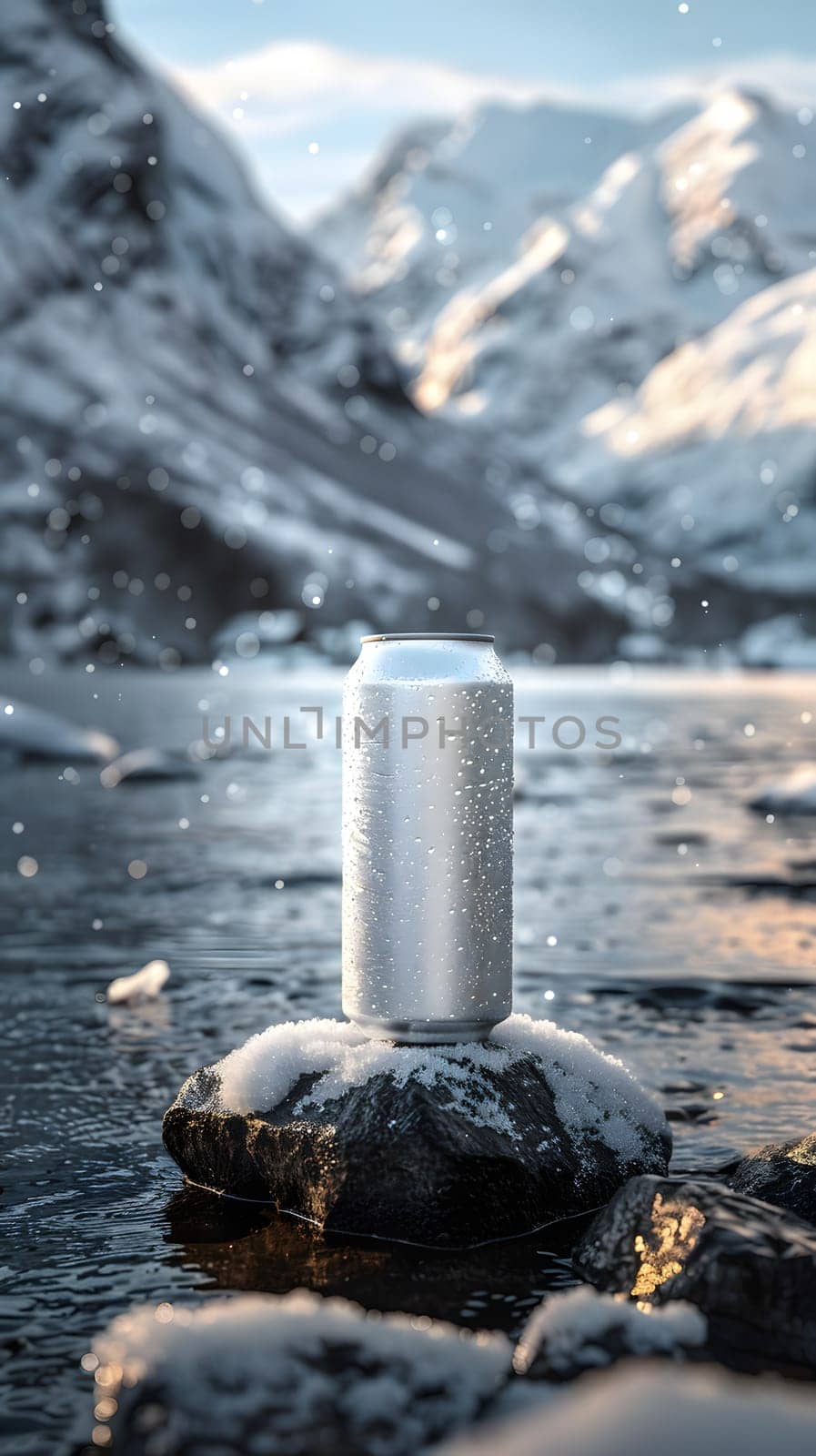 A can of soda rests on a rock in the middle of a river, surrounded by the natural landscape of mountains and rocks, with water flowing around it