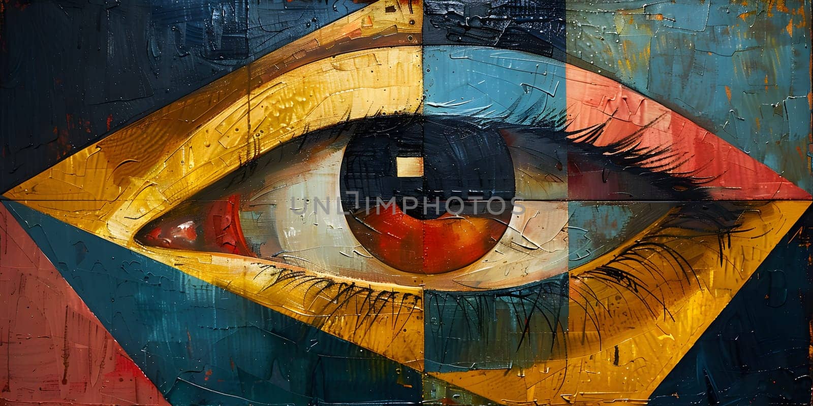 A vibrant painting of an eye with a square in the middle, featuring eyelash, iris, and bird details. This graffiti art piece embodies a unique pattern and colorful visual arts