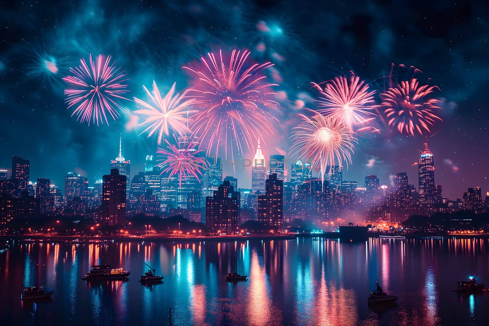 A spectacular image of fireworks illuminating the night sky over a city. Neural network generated in January 2024. Not based on any actual scene or pattern.