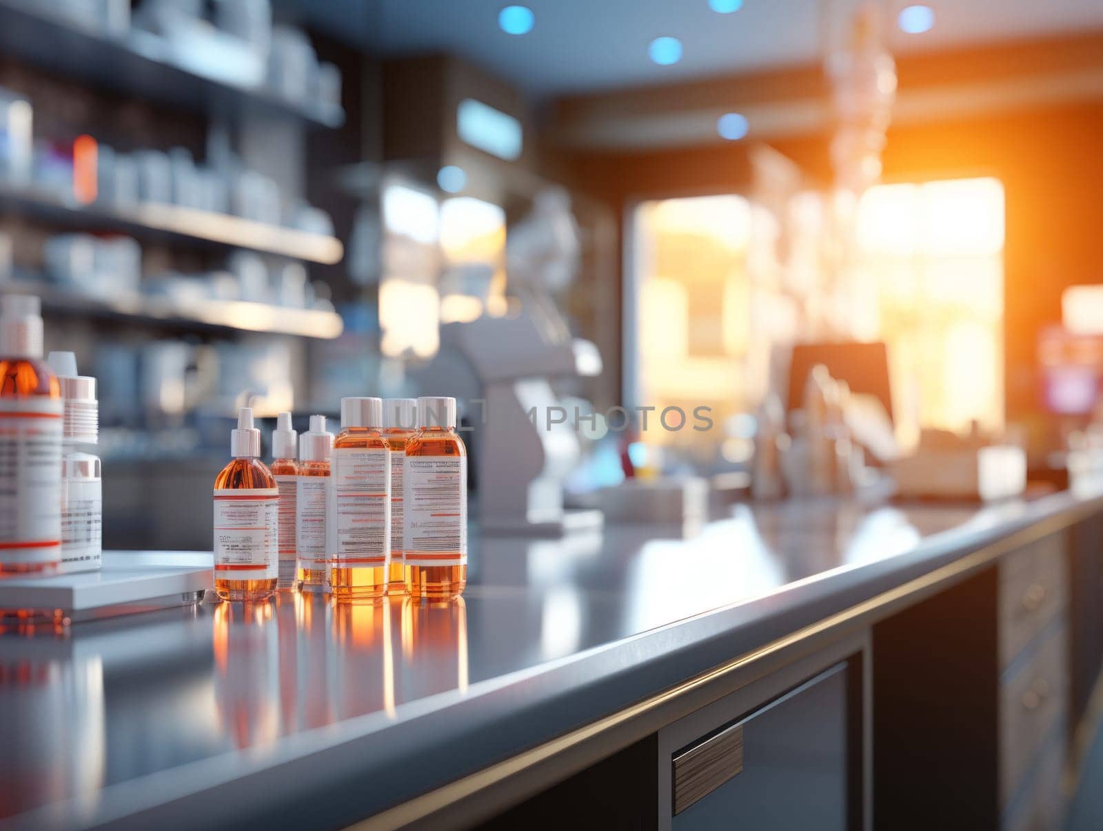 Blurred background of a pharmacy store by NataliPopova